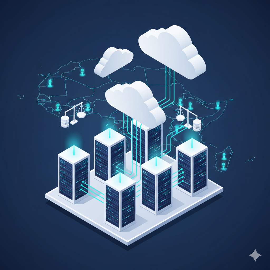 Cloud computing illustration with connected servers